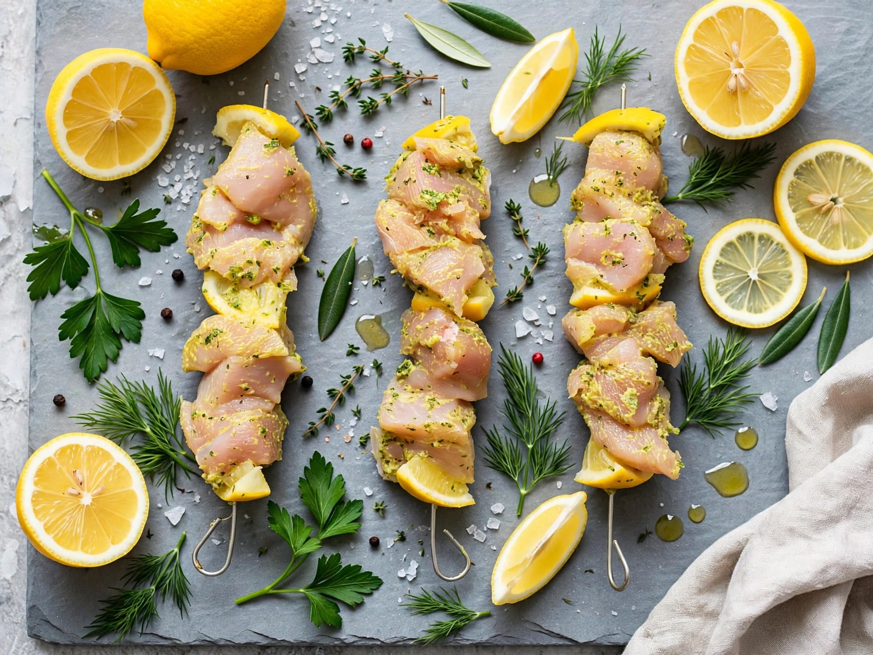 Frigărui de pui marinate cu lămâie și ierburi aromatice